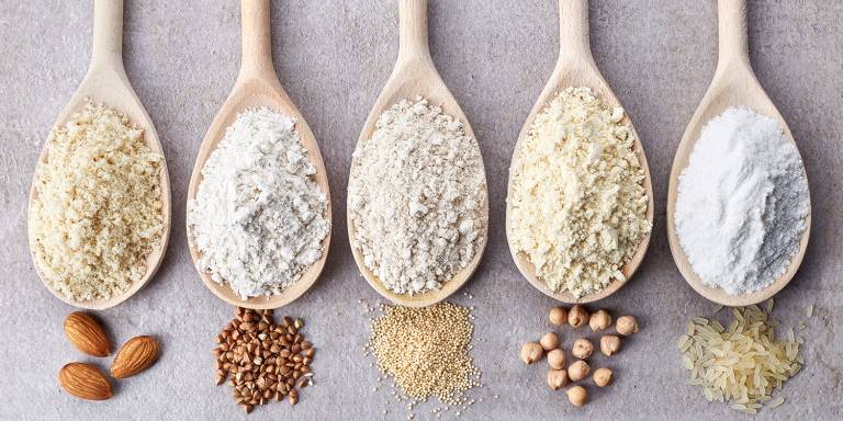different kinds of gluten-free flour, such as almond, rice, and chickpea