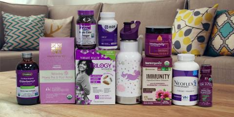 a selection of all-natural supplements and a canteen