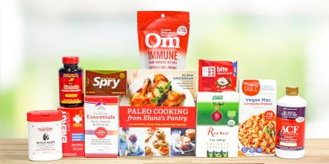 A selection of all-natural supplements, body-care products, and food