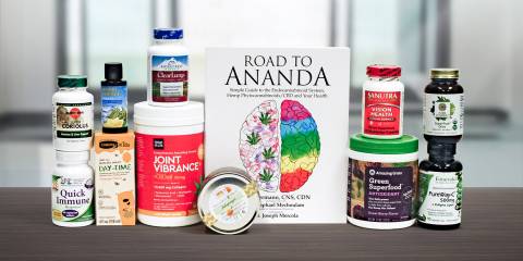 A selection of all-natural supplements and a book about CBD