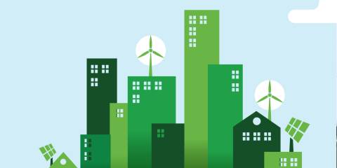 Eco friendly city concept illustration for sustainable business models, B Corporations and environment.