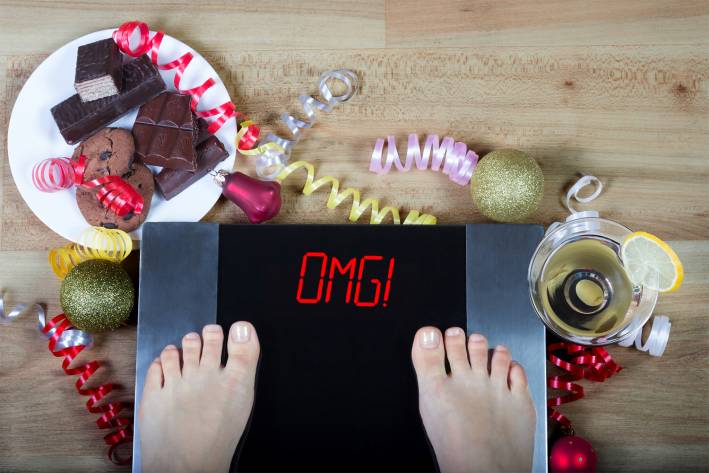 7 Ways to Combat Holiday Weight Gain A woman weighting herself after the holidays. The scale says "OMG!"