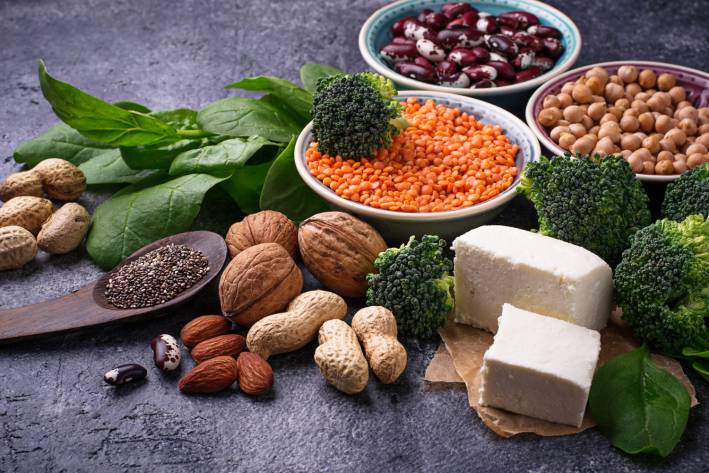 Non-Meat Protein Sources A variety of vegetarian foods high in protein content