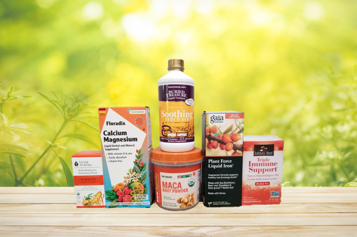 a selection of all-natural supplements and superfoods for strength and energy