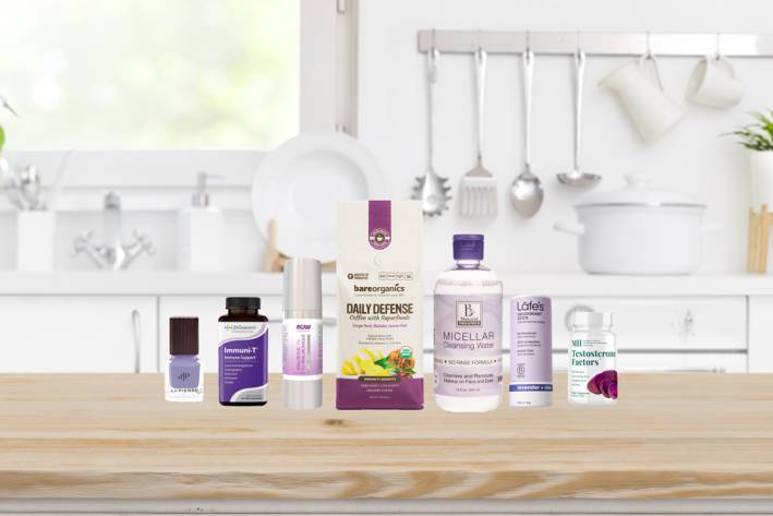 a selection of all-natural supplements, superfoods, cosmetics, and body care products