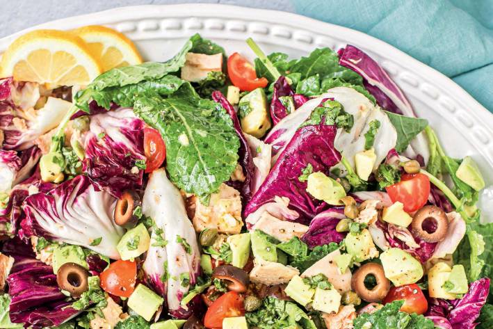 Tuna and Kale Salad a plate of kale salad with tuna and citrus-basil dressing