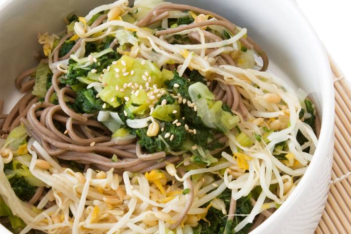 Warm Soba Salad a bowl of soba noodles and leafy greens