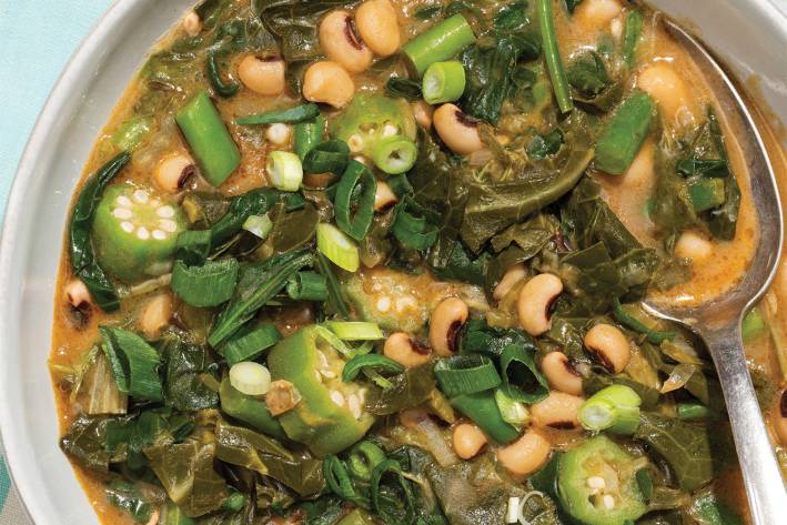 Green Gumbo a steaming bowl of spicy gumbo loaded with greens