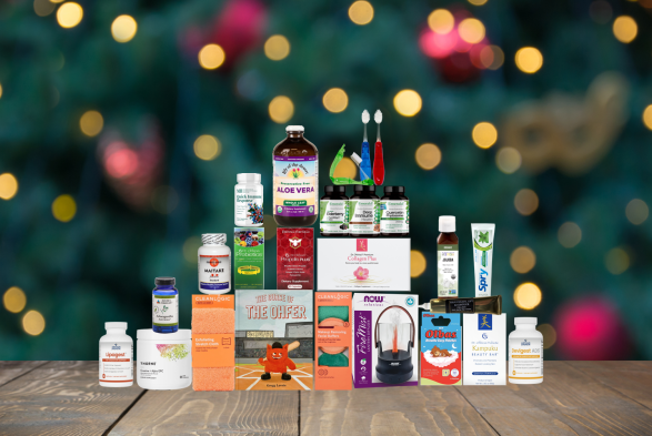 assortment of supplements, body care products, childrens book and more
